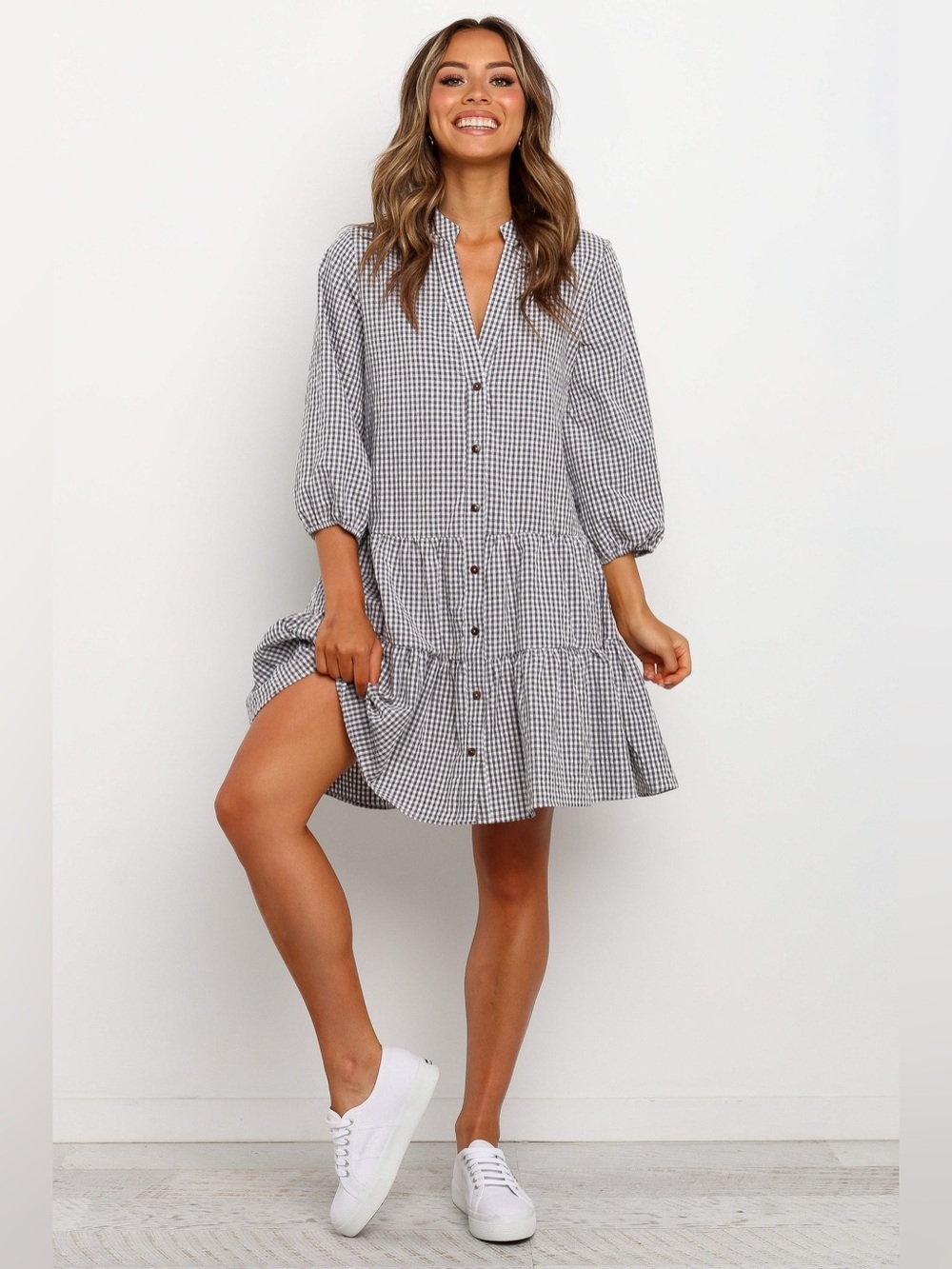 Petal + Pup Daria 3/4 Sleeve V-Neck Tiered Mini Dress S/M Gingham Cottagecore